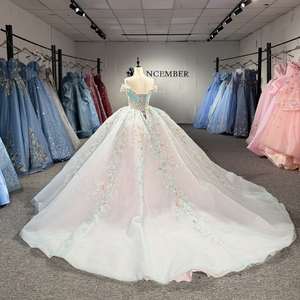 Robe de bal pour adulte Dy8599, style Quinceanera, décolleté cœur, traîne Watteau, dos nu, jupe ample avec applique fleur bleue 100% - Product Image 4