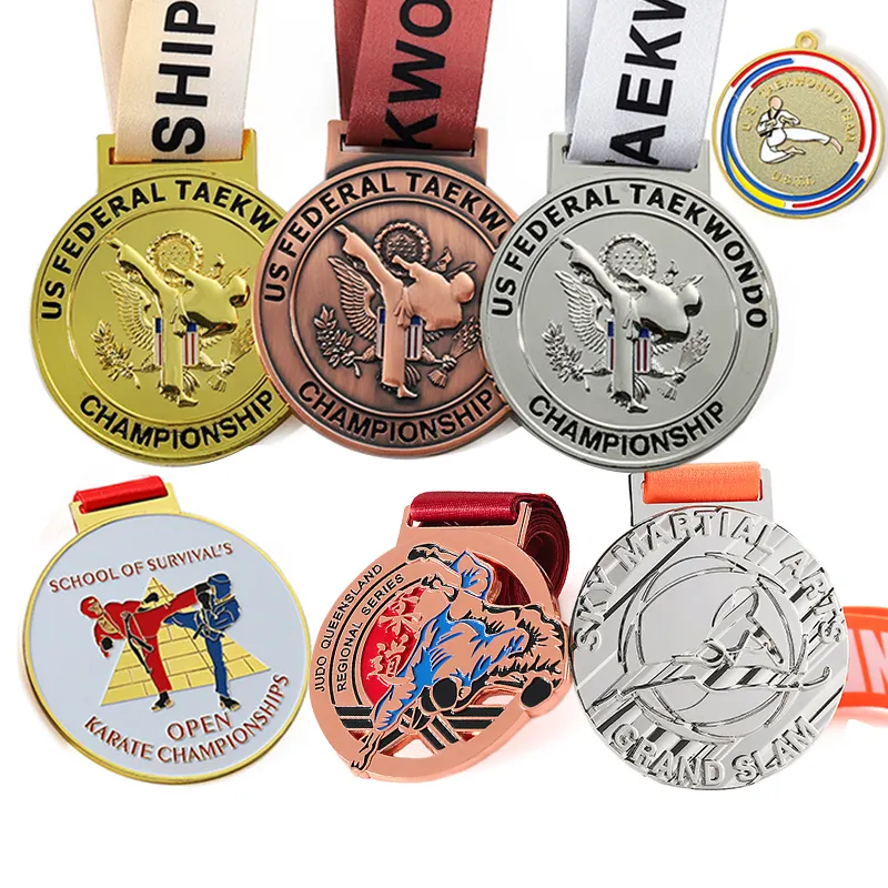 Design exclusivo 1 ° Lugar Medalha Bronze Prata Medalhas De Ouro Banhado 3D Custom World Award Sports Bjj Karate Wkf Medalhas Taekwondo
