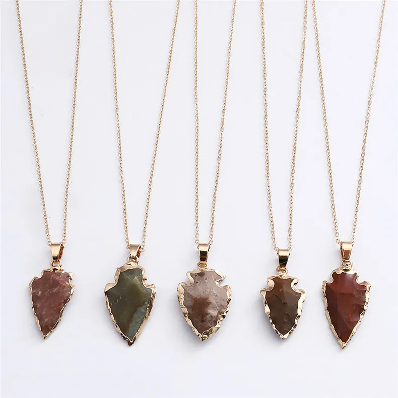 Tuyên Bố Mạ Vàng Hình Học Fancy Agate Hình Ảnh Jasper Đen Obsidian Cổ Mũi Tên Mặt Dây Chuyền Đá Tự Nhiên