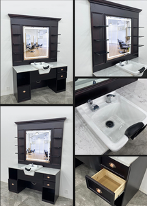 Estación de Barbería Individual LE al por Mayor, Espejo Marrón Especial, Muebles de Salón de Buena Calidad, Lavabo de Cerámica Blanco, Directo de Fábrica - Product Image 2