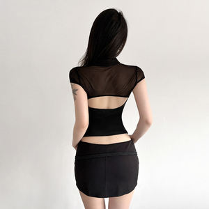 Nuevo Top Elegante de Estilo Chino con Cuello Qipao, Malla y Parches, para Mujer, con Cintura Hueca, Ajuste Delgado y Manga Corta Transparente - Product Image 6