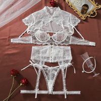 Ensemble de lingerie de mariée en dentelle blanche, soutien-gorge et culotte en maille transparente, porte-jarretelles avec détail nœud, sous-vêtements de mariée pour la nuit de noces