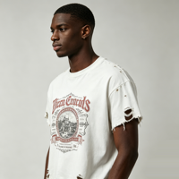 T-shirt personnalisé Kornit DTG à bords déchirés, imprimé architectural, style streetwear, prêt pour la production OEM