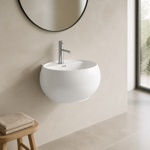 Lavabo suspendido: la línea más ancha se encuentra debajo de la boca. Consulte la dimensión más ancha y cuánto se extiende hacia abajo. - Product Image 1