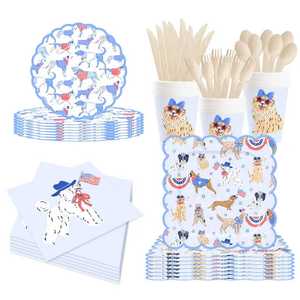 DAMAI <b>Light</b> Blue Speckled <b>Dog</b>-themed Patriotic American Flag Disposable Party Supplies Plates Cups and Napkins for the Party - Product Image 1