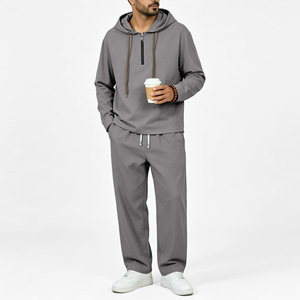 Conjunto de Sudadera con Capucha de Lino para Hombre, Media Cremallera, Manga Larga, Pantalones con Cordón, Atuendo de Dos Piezas, Ropa Casual de Primavera y Otoño - Product Image 3