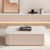 Ensemble meuble TV et table basse de salon moderne et minimaliste avec plateau en pierre frittée, meuble en bois, bande LED à capteur, fixation au sol