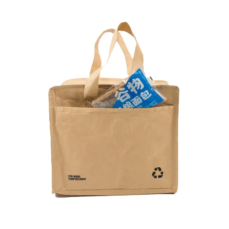 Bolsa de mano con logotipo personalizado, biodegradable, lavable, de papel Kraft, con aislamiento de alimentos, para el almuerzo, para acampar, para picnic