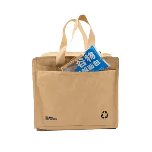 Customized Logo Biodegradable Washable Kraft Paper Food Insulated Lunch Hand Bag Camping Cooler Picnic Tote Bag