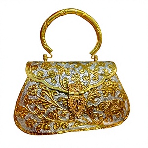 Handmade Metal Evening <b>Bag</b> With Floral Filigree Design Ring Handle Flap Closure Elegant Half Moon Shape Party Clutch - Product Image 3