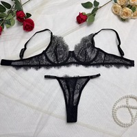 Conjunto de lencería sexy de encaje negro con aros y bragas para mujer, transparente, con ribete de pestañas, 2 piezas, OEM ODM, bordado 3D, venta al por mayor