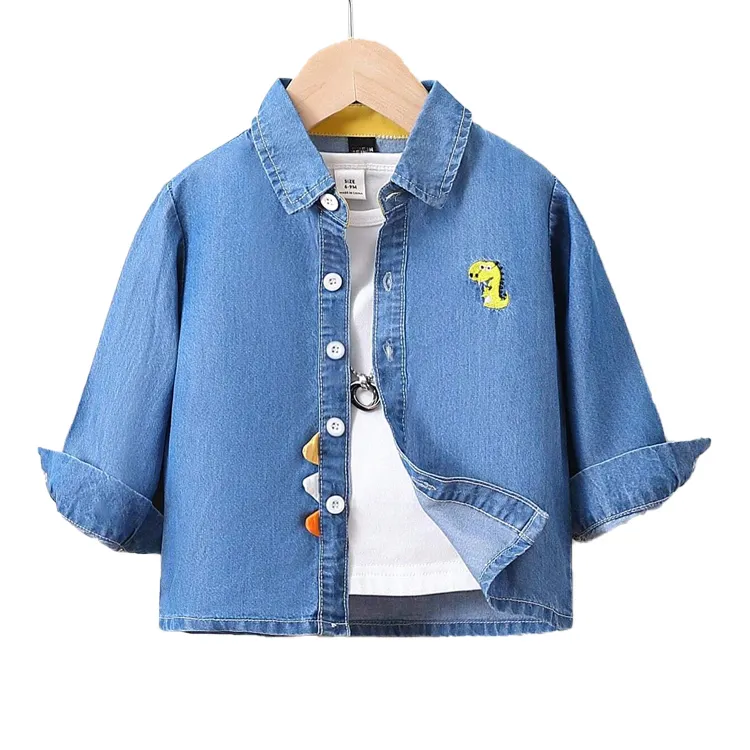 Nouveau bébé brodé dessin animé dinosaure Logo enfants Denim chemise à manches longues coton enfants vêtements garçons