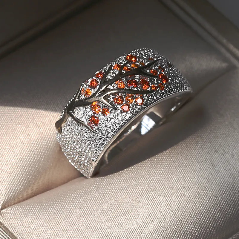 Hot Sale Fashion Jewelry KYRA0664 Shiny Orange Tree Branch Shape 3A Zircon Ring for women