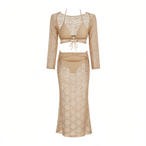 Set Copricostume HDJ con Top Halter a Maniche Lunghe e Gonna Lunga, Controllo Pancia, in Spandex Nylon, Abbigliamento da Spiaggia 67012 - Product Image 2