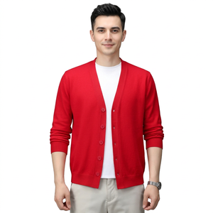 Cardigan rouge pour homme à col en V, 100 % coton, manches longues, fermeture boutonnée, anti-boulochage, séchage rapide, anti-rétrécissement, idéal pour l'automne et l'hiver - Product Image 3