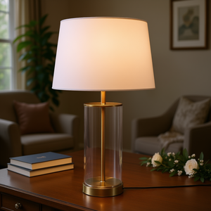 Modern Brass <b>Table</b> <b>Lamp</b> with <b>White</b> Fabric Drum <b>Shade</b>, Battery Powered LED, Warm <b>White</b> Light, 23-Inch, for Office, Home, Wedding - Product Image 2