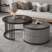 Table basse ronde imbriquée moderne et tendance de luxe léger - Plateau en verre, tiroir à nervures, structure métallique pour salon et petits appartements