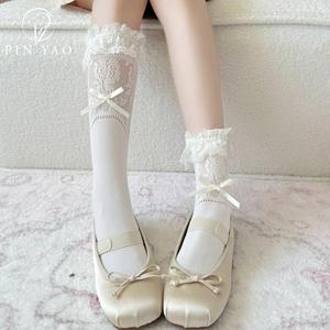 Calcetines <span class=keywords><strong>de</strong></span> Encaje Finos <span class=keywords><strong>de</strong></span> Verano Estilo Lolita con Lazo, Calcetines Cortos Antideslizantes <span class=keywords><strong>de</strong></span> Nailon Tejido para Mujer, Estilo Y2K - Product Image 1