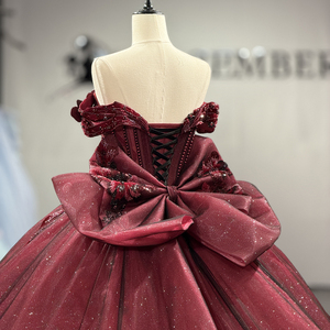 Dy8573 Elegant Wine <b>Red</b> Princess Quinceanera Ball Gown Appliques <b>Glitter</b> Chiffon Floral Embroidery Natural Shoulder Lace Dress - Product Image 6