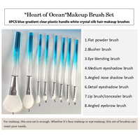 Gracedo – Lot de 8 pinceaux de maquillage professionnels en soie de cristal blanche avec manche en plastique transparent dégradé bleu cœur océanique, également utilisables comme pinceau de rasage