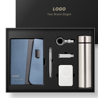 Set de Regalo Ejecutivo de Lujo, Cuaderno de PU Cian Oscuro, Bolígrafo, Llavero, Banco de Energía USB Magsafe, Termo, Logotipo Impreso para Hombre
