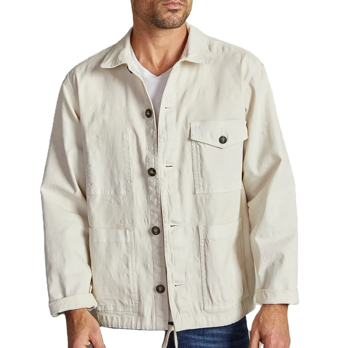 Custom Men Beige Summer Utility 100% Cotton Canvas Jacket With Drawstring Hem