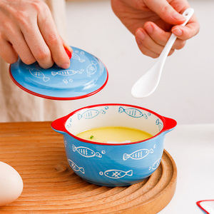 ชามเซรามิกเคลือบเงาแบบมีหูจับสองข้างสำหรับใส่ไข่ตุ๋น/ข้าว พร้อมฝาปิด ใช้กับไมโครเวฟได้ ดีไซน์น่ารักสำหรับเด็ก - Product Image 6