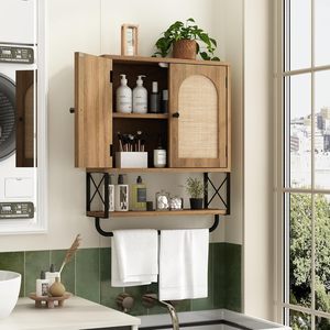 Chêne Petite armoire murale <span class=keywords><strong>de</strong></span> <span class=keywords><strong>salle</strong></span> <span class=keywords><strong>de</strong></span> <span class=keywords><strong>bain</strong></span> Style armoire étagères réglables porte-serviettes arqué rotin <span class=keywords><strong>salle</strong></span> <span class=keywords><strong>de</strong></span> <span class=keywords><strong>bain</strong></span> - Product Image 4