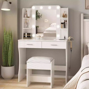 Tocador Moderno <span class=keywords><strong>de</strong></span> Madera <span class=keywords><strong>con</strong></span> Almacenamiento, <span class=keywords><strong>Espejo</strong></span> Desmontable e Iluminación - Escritorio <span class=keywords><strong>de</strong></span> Maquillaje para Dormitorio Pequeño <span class=keywords><strong>con</strong></span> Bombillas - Product Image 1