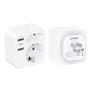 Leien 2USB-A + tipe-c EU ke US adaptor perjalanan dengan kontak Earthing 2 Pin ke 3 Pin Plug Ataptor untuk Amerika Kanada Inggris More