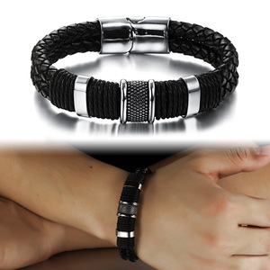 Fashion Jewelry Bracelets Stainless Steel Leather Bracelet <b>Men</b> Handmade Leather Bracelet - Product Image 2