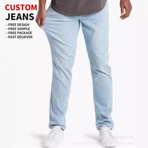 Jeans en denim stretch coupe slim OEM, micro-élastiques, coupe droite, bleus, style empilé, streetwear pour hommes - Product Image 2