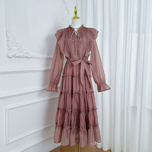 Vestido informal de talla grande personalizado francés plisado <span class=keywords><strong>hongo</strong></span> borde cintura ceñido vestido Retro artístico pétalo manga vestido para <span class=keywords><strong>mujer</strong></span> - Product Image 4