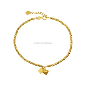 Real 18K Gold Beaded Bracelet Heart Charm AU750 Gold Bracelet Jewelry for Female