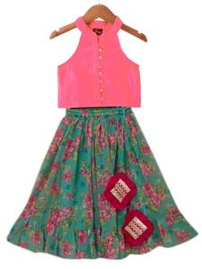 เสื้อทวิชาแบบทอผ้าชานเดรีแขนกุดสีพื้น พร้อมเลเฮนกา-สีคอรัลและสีเขียวทะเล - Product Image 6