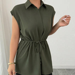 Camisa de Poliéster con Cuello en V, Manga Corta, Color Sólido, Estilo Coreano, Elegante, Transpirable, con Cordón Ajustable en la Cintura, para Mujer de Oficina - Product Image 4