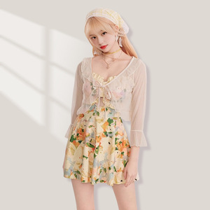 Traje de baño de dos piezas para mujer, estampado floral, cuello en V, manga larga, UPF50+, protección solar, vestido de baño para vacaciones de verano - Product Image 1