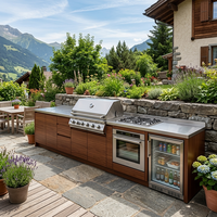 Ensemble d'armoires de cuisine extérieures sur mesure en acier inoxydable Hyrley Taupe, ligne droite, avec barbecue à gaz et réfrigérateur pour villas modernes