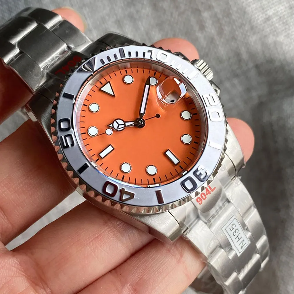 Jam tangan pergerakan baja NH35A Jepang, jam tangan otomatis untuk pria, gelang Dial oranye, kalender tanggal, miring 38mm, gelang 904L