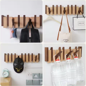 Perchero de Pared de Madera Natural de Haya y Nogal Negro para la Entrada del Hogar, Estilo MCM con Ganchos Abatibles - Product Image 4