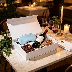 Coffret Cadeau <span class=keywords><strong>Vin</strong></span> Blanc avec Bouteille de <span class=keywords><strong>Vin</strong></span> Rouge, Tire-Bouchon Doré, Pot d'Amandes, Verres, Bougie Conique – Emballage en Gros, Ensemble Cadeau - Product Image 1