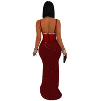 Robe de soirée sirène à sequins, élégante, ajustée, avec bretelles, strass et dentelle transparente, idéale pour les anniversaires et les bals de promo