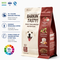 Sachet personnalisé imprimé à fond plat avec fermeture éclair refermable sur 8 côtés pour aliments pour chiens et animaux de compagnie, impression hélio, sac en plastique