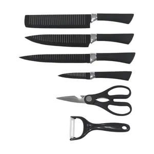 Gran oferta de utensilios de cocina, 6 uds., juego de cuchillos de cocina con hoja ondulada de revestimiento negro