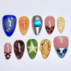 <span class=keywords><strong>Ongles</strong></span> press-on personnalisés faits main printemps-été, 10 pièces/ensemble, <span class=keywords><strong>dessin</strong></span>é à la main et accents de perles, faux <span class=keywords><strong>ongles</strong></span> amande réutilisables pour femmes - Product Image 5