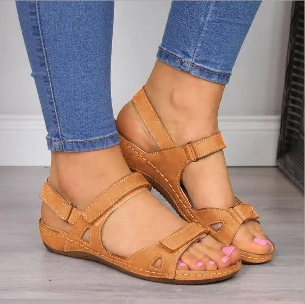 Sommer flache Sandalen Frau 2020 Damenmode Leder flache feste Peep Toe Sandalen Frauen Sandal ias Mujer Plus Size