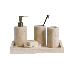 Ensemble d'accessoires <span class=keywords><strong>de</strong></span> salle <span class=keywords><strong>de</strong></span> bain <span class=keywords><strong>en</strong></span> marbre travertin NANWEI - 5 pièces - <span class=keywords><strong>Distributeur</strong></span> <span class=keywords><strong>de</strong></span> <span class=keywords><strong>savon</strong></span> <span class=keywords><strong>en</strong></span> <span class=keywords><strong>pierre</strong></span> beige + Porte-brosse à dents avec accents <span class=keywords><strong>en</strong></span> laiton - Product Image 1