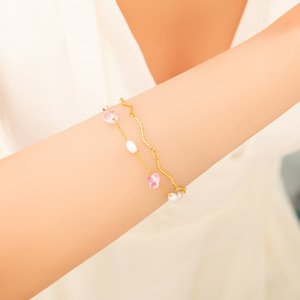 Pulsera de perlas de doble capa con cadena de oro, piedra natural y circonita cúbica para mujer, uso diario. - Product Image 4