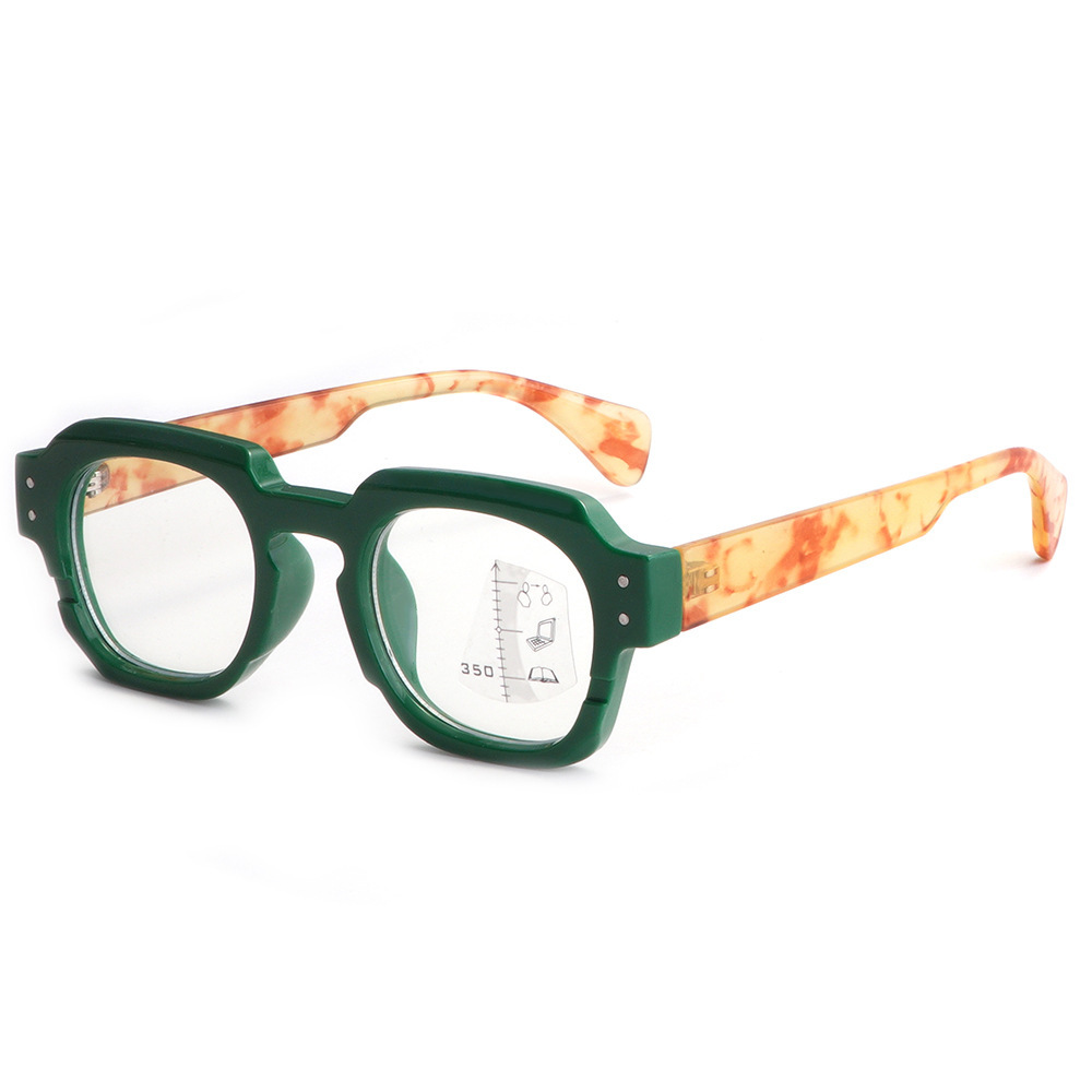 Lunettes multifocales progressives - Monture verte, branches écaille de tortue