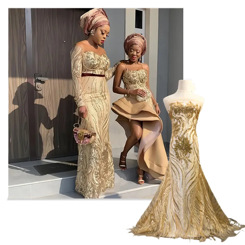 3459 सोने अफ्रीकी शादी फीता कपड़े कशीदाकारी नाइजीरियाई फीता कपड़े सेक्विन के साथ 2023 उच्च गुणवत्ता फ्रेंच Tulle फीता कपड़े